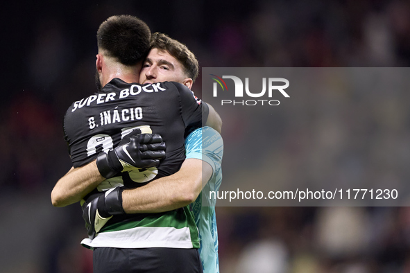 Goncalo Inacio of Sporting CP celebrates with Franco Israel after Conrad Harder scores their side's fourth goal during the Liga Portugal Bet...