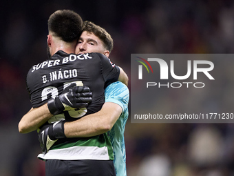 Goncalo Inacio of Sporting CP celebrates with Franco Israel after Conrad Harder scores their side's fourth goal during the Liga Portugal Bet...