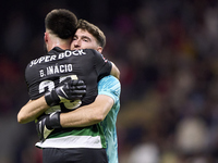 Goncalo Inacio of Sporting CP celebrates with Franco Israel after Conrad Harder scores their side's fourth goal during the Liga Portugal Bet...