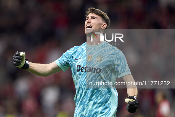 Franco Israel of Sporting CP celebrates after Conrad Harder (not in frame) scores their side's fourth goal during the Liga Portugal Betclic...