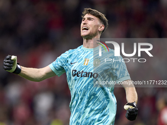 Franco Israel of Sporting CP celebrates after Conrad Harder (not in frame) scores their side's fourth goal during the Liga Portugal Betclic...