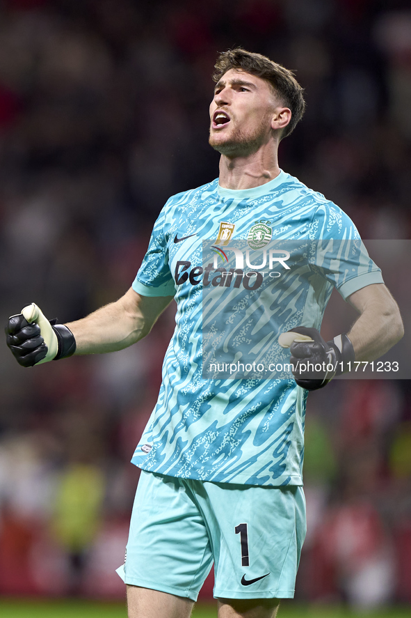 Franco Israel of Sporting CP celebrates after Conrad Harder (not in frame) scores their side's fourth goal during the Liga Portugal Betclic...