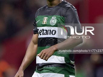 Geny Catamo of Sporting CP celebrates victory after the Liga Portugal Betclic match between SC Braga and Sporting CP at Estadio Municipal de...