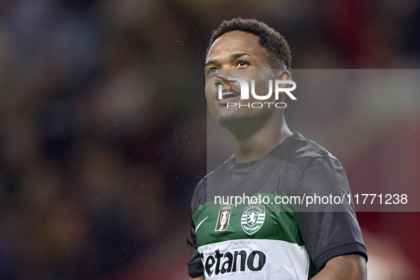 Geny Catamo of Sporting CP celebrates victory after the Liga Portugal Betclic match between SC Braga and Sporting CP at Estadio Municipal de...