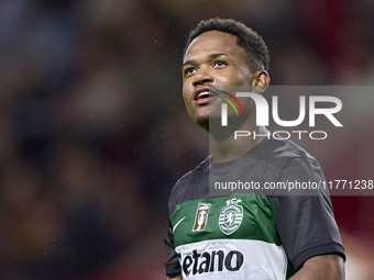 Geny Catamo of Sporting CP celebrates victory after the Liga Portugal Betclic match between SC Braga and Sporting CP at Estadio Municipal de...