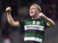 Conrad Harder of Sporting CP celebrates victory after the Liga Portugal Betclic match between SC Braga and Sporting CP at Estadio Municipal...