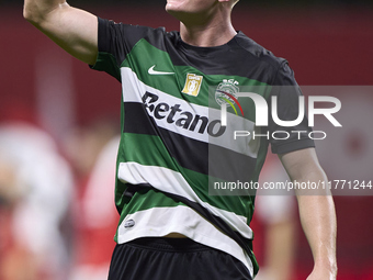 Conrad Harder of Sporting CP celebrates victory after the Liga Portugal Betclic match between SC Braga and Sporting CP at Estadio Municipal...