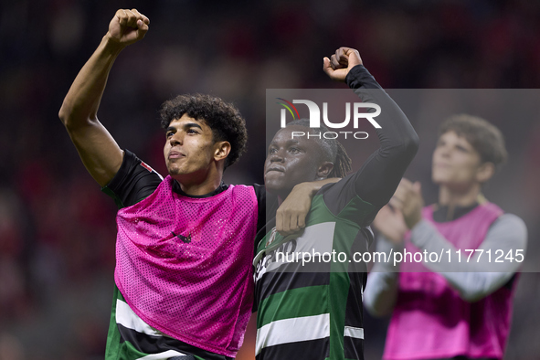 Joao Simoes and Geovany Quenda of Sporting CP celebrate victory after the Liga Portugal Betclic match between SC Braga and Sporting CP at Es...