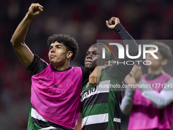 Joao Simoes and Geovany Quenda of Sporting CP celebrate victory after the Liga Portugal Betclic match between SC Braga and Sporting CP at Es...