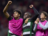 Joao Simoes and Geovany Quenda of Sporting CP celebrate victory after the Liga Portugal Betclic match between SC Braga and Sporting CP at Es...