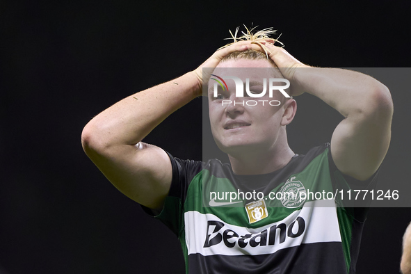 Conrad Harder of Sporting CP celebrates victory after the Liga Portugal Betclic match between SC Braga and Sporting CP at Estadio Municipal...