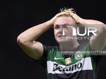 Conrad Harder of Sporting CP celebrates victory after the Liga Portugal Betclic match between SC Braga and Sporting CP at Estadio Municipal...