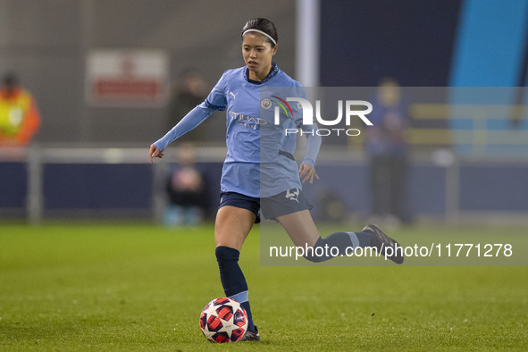 Yui Hasegawa, number 25 of Manchester City W.F.C., plays during the UEFA Champions League Group D match between Manchester City and Hammarby...