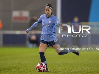 Yui Hasegawa, number 25 of Manchester City W.F.C., plays during the UEFA Champions League Group D match between Manchester City and Hammarby...