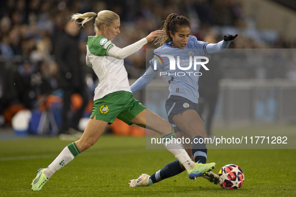 Mary Fowler #8 of Manchester City W.F.C. is tackled by the opponent during the UEFA Champions League Group D match between Manchester City a...