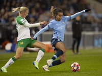 Mary Fowler #8 of Manchester City W.F.C. is tackled by the opponent during the UEFA Champions League Group D match between Manchester City a...