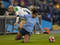 Mary Fowler #8 of Manchester City W.F.C. is tackled by the opponent during the UEFA Champions League Group D match between Manchester City a...