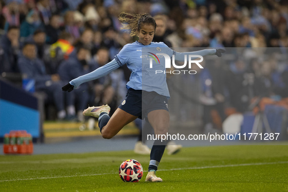 Mary Fowler #8 of Manchester City W.F.C. is in action during the UEFA Champions League Group D match between Manchester City and Hammarby at...