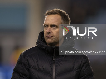 Hammarby IF manager Martin Sjogren is present during the UEFA Champions League Group D match between Manchester City and Hammarby at the Joi...