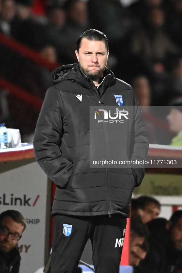 Manager Mark Bonner (Manager Gillingham) looks on during the EFL Trophy match between Stevenage and Gillingham at the Lamex Stadium in Steve...