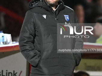 Manager Mark Bonner (Manager Gillingham) looks on during the EFL Trophy match between Stevenage and Gillingham at the Lamex Stadium in Steve...