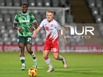 Harvey White, 18, from Stevenage, controls the ball during the EFL Trophy match between Stevenage and Gillingham at the Lamex Stadium in Ste...