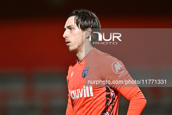 Goalkeeper Ashby Hammond (13 Gillingham) looks on during the EFL Trophy match between Stevenage and Gillingham at the Lamex Stadium in Steve...