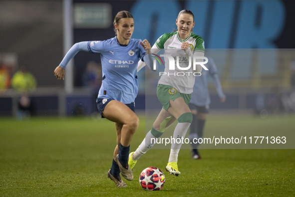 Kerstin Casparij #18 of Manchester City W.F.C. is in action during the UEFA Champions League Group D match between Manchester City and Hamma...