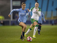 Kerstin Casparij #18 of Manchester City W.F.C. is in action during the UEFA Champions League Group D match between Manchester City and Hamma...