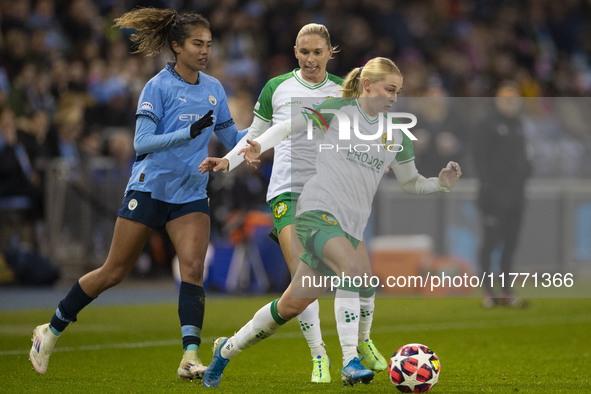 Mary Fowler #8 of Manchester City W.F.C. challenges the opponent during the UEFA Champions League Group D match between Manchester City and...