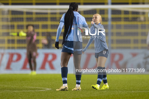 Laura Blindkilde Brown #19 of Manchester City W.F.C. celebrates her goal during the UEFA Champions League Group D match between Manchester C...