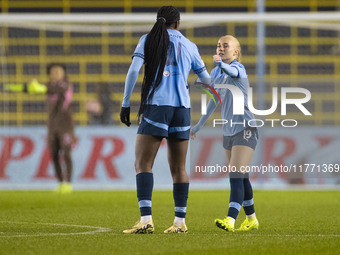 Laura Blindkilde Brown #19 of Manchester City W.F.C. celebrates her goal during the UEFA Champions League Group D match between Manchester C...