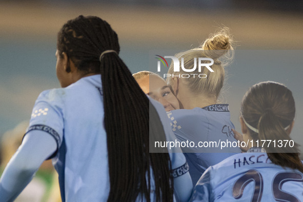 Kerstin Casparij #18 of Manchester City W.F.C. is in action during the UEFA Champions League Group D match between Manchester City and Hamma...