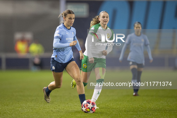 Kerstin Casparij #18 of Manchester City W.F.C. is in action during the UEFA Champions League Group D match between Manchester City and Hamma...