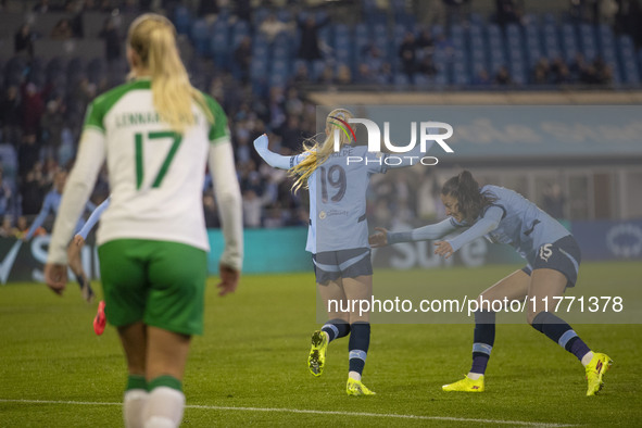 Laura Blindkilde Brown #19 of Manchester City W.F.C. celebrates her goal during the UEFA Champions League Group D match between Manchester C...