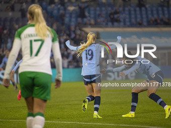 Laura Blindkilde Brown #19 of Manchester City W.F.C. celebrates her goal during the UEFA Champions League Group D match between Manchester C...