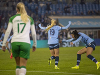 Laura Blindkilde Brown #19 of Manchester City W.F.C. celebrates her goal during the UEFA Champions League Group D match between Manchester C...