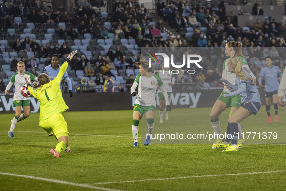 Laura Blindkilde Brown #19 of Manchester City W.F.C. scores a goal during the UEFA Champions League Group D match between Manchester City an...