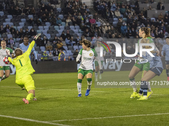 Laura Blindkilde Brown #19 of Manchester City W.F.C. scores a goal during the UEFA Champions League Group D match between Manchester City an...