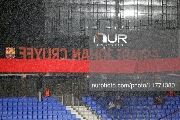 Rain falls shortly before the start of the match between FC Barcelona Women and SKN St. Poelten Women, corresponding to week 3 of Group D of...