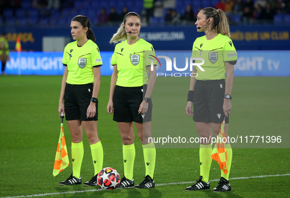 The referee Eleni Antoniou and her assistants are present during the match between FC Barcelona Women and SKN St. Polten Women, correspondin...