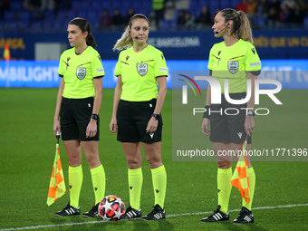 The referee Eleni Antoniou and her assistants are present during the match between FC Barcelona Women and SKN St. Polten Women, correspondin...