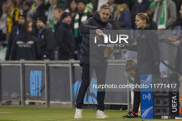 Hammarby IF manager Martin Sjogren gesticulates during the UEFA Champions League Group D match between Manchester City and Hammarby at the J...