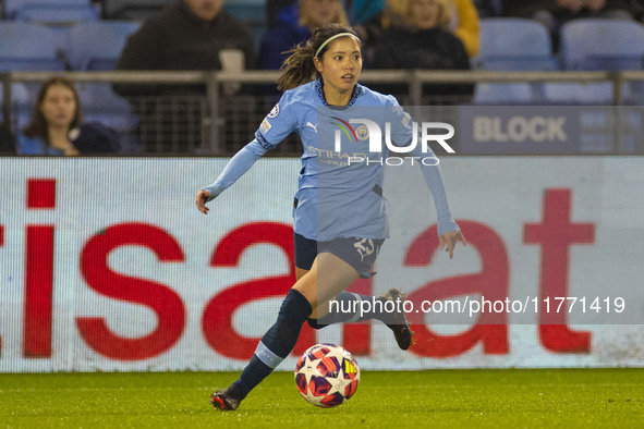 Yui Hasegawa, number 25 of Manchester City W.F.C., participates in the UEFA Champions League Group D match between Manchester City and Hamma...