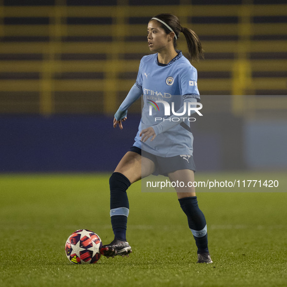 Yui Hasegawa, number 25 of Manchester City W.F.C., participates in the UEFA Champions League Group D match between Manchester City and Hamma...