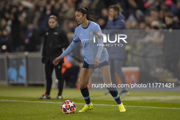 Leila Ouahabi #15 of Manchester City W.F.C. is in action during the UEFA Champions League Group D match between Manchester City and Hammarby...