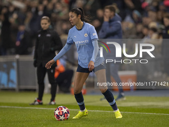 Leila Ouahabi #15 of Manchester City W.F.C. is in action during the UEFA Champions League Group D match between Manchester City and Hammarby...