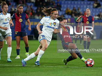 Melanie Brunnthaler and Claudia Pina play during the match between FC Barcelona Women and SKN St. Poelten Women, corresponding to week 3 of...