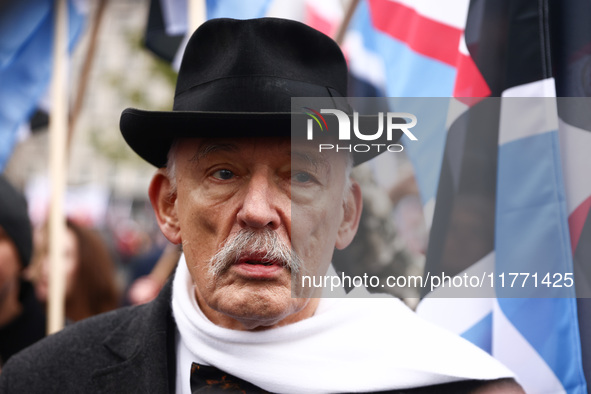 Janusz Korwin-Mikke, a far-right politician, attend Independence March celebrating the 106 anniversary of Poland regaining independence. War...