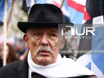 Janusz Korwin-Mikke, a far-right politician, attend Independence March celebrating the 106 anniversary of Poland regaining independence. War...